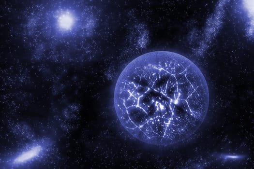 Image of crashing, exploding planet  in deep space, universe with star field background. Computer generated abstract background.