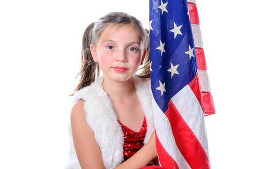 a pretty little girl with a american flag on the white background