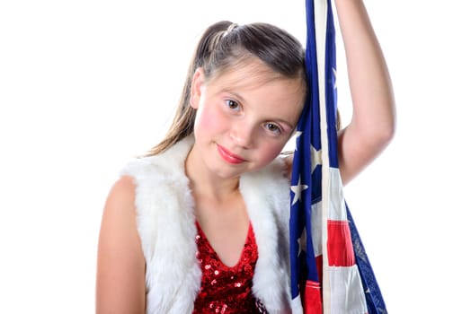 a pretty little girl with a american flag on the white background