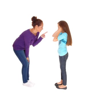 A mother is disciplining her young daughter and the girl holding her.ears closed, isolated for white background..