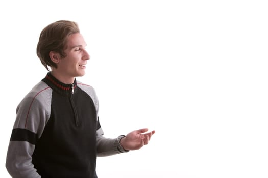 man showing man speaking and demostrating something