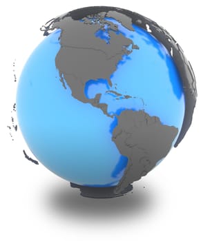 Americas standing out of blue Earth in grey, isolated on white background