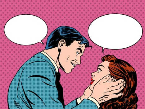 Couple love dialogue. Man and woman talking. Communication, emotions, family psychology. Retro pop art