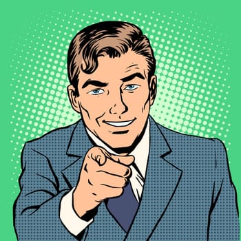 Man pointing finger retro style pop art. We are waiting for you