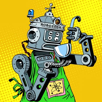 Robot chef tastes the food. Kitchen and cooking. Retro style pop art