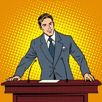 Speaker at the podium. The lecture presentation. Science and education, business school. Retro style pop art