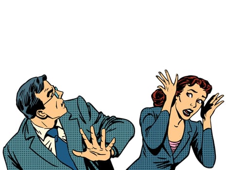 Man and woman escape the panic fear retro style pop art