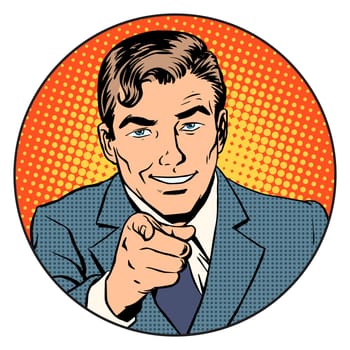 Man pointing finger in the circle retro style pop art. We are waiting for you