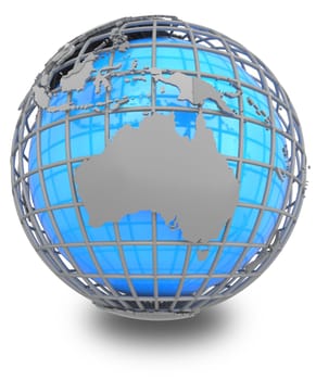 Australia on a grey geographic net enveloping Earth, isolated on white background.