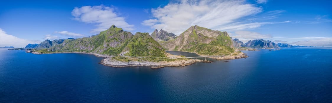 Scenic aerial panorama of Lofoten islands in Norway