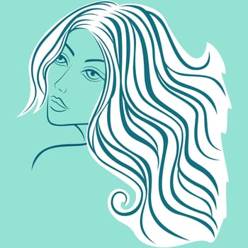 Beautiful blond women head with long hair in turquoise hue, sketching vector illustration