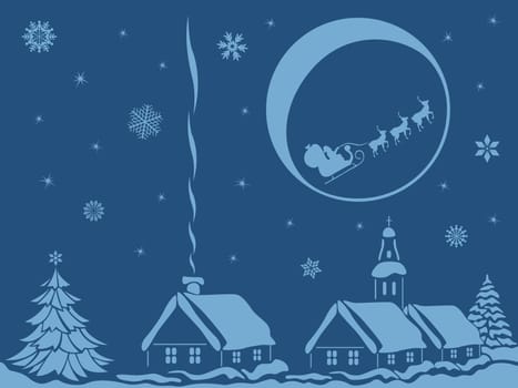 Village in calm Christmas night with Santa Claus and reindeer on Moon background, hand drawing vector bicolour illustration
