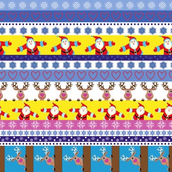 Christmas and New Year striped seamless vector pattern with cute Santa Claus, reindeer and multicolour horizontal strips