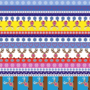 Christmas and New Year striped seamless vector pattern with cute reindeer and multicolour horizontal strips