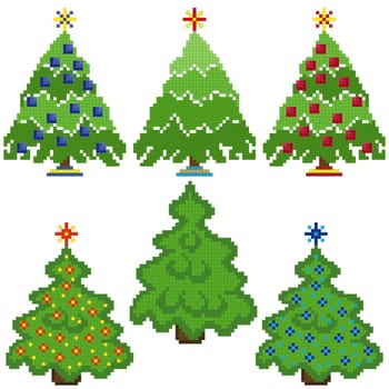 Set of six stylish Christmas Trees with chequered mosaic structure on a white background, vector illustration