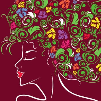 Beautiful women head profile with colourful floral hair over claret, hand drawing vector illustration
