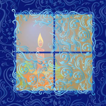 Candle that shines visible through the evening frozen window, hand drawing vector illustration