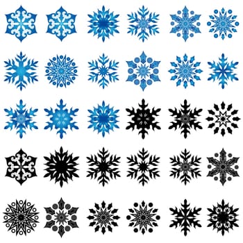 Set of thirty blue and black snowflakes isolated on a white background, hand drawing vector illustration