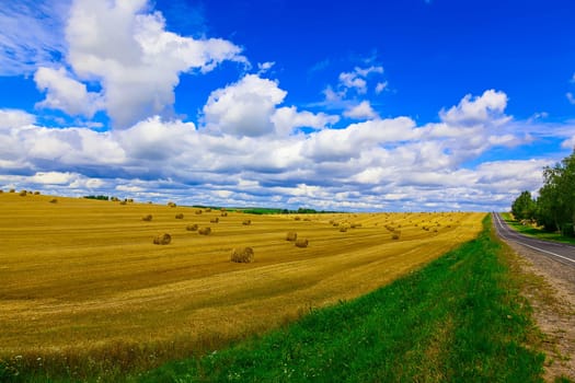 Round, Yellow Straw Bales in a Stubble Field at end of Summer at Day with Blue Sky, Clouds after Harvest near Road