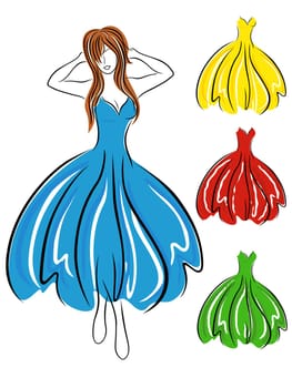 Graceful girl in blue dress and set of various color gowns, hand drawing vector illustration