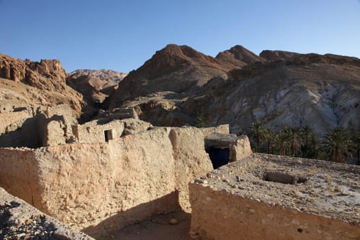 Ruins of mountain oasis Chebika at border of Sahara, Tunisia