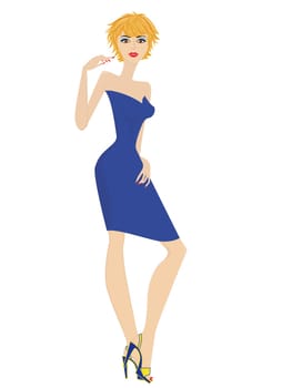 Fashionable slim women in short blue dress isolated on white background, hand drawing illustration