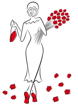 Graceful lady in a long dress with a bouquet of red roses goes away, hand drawing sketching vector artwork