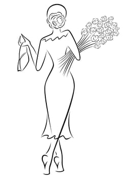 Graceful lady in a long dress with a bouquet of roses goes away, black over white hand drawing sketching vector artwork
