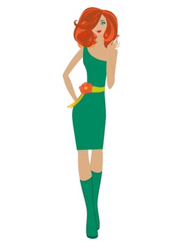 Fashionable slim redhead women in short green dress isolated on white background, hand drawing illustration