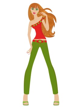 Attractive slim redhead woman in a red blouse and green pants isolated on white background, hand drawing illustration