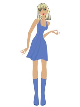 Fashionable slim blond women in short blue dress isolated on white background, hand drawing illustration