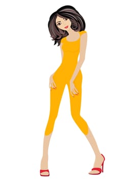 Attractive slim brunette in orange clothes and red shoes isolated on white background, hand drawing illustration
