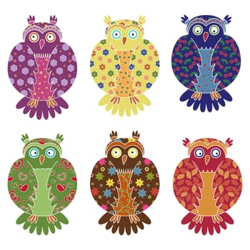 Set of six colourful vector owls with lace ornamental bodies and without contour lines, isolated on white background