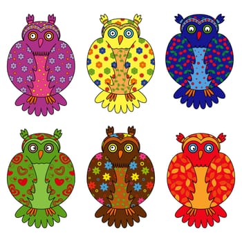 Set of six stylized owls painted by various floral and geometric ornaments, hand drawing cartoon vector illustration