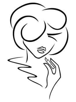 Young romantic woman uses lipstick, outline black over white hand drawing sketching vector artwork