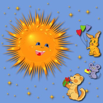 Mouse, Rabbit and Puppy are greeting a smiling Sun. Hand drawing greeting card illustration
