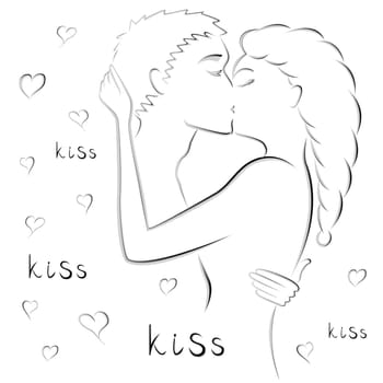 Abstract gradient contour of young couple kissing, hand drawing vector artwork