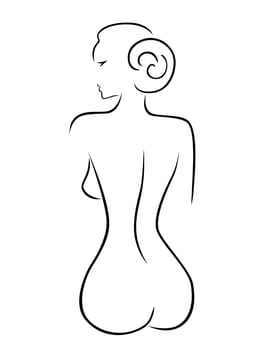 Abstract outline of a sexy woman sitting back, black over white hand drawing sketching vector artwork