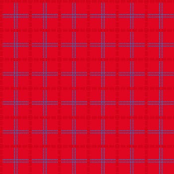 Bright red seamless mesh vector pattern with single and double dashed lines. Repeat background with geometrical array in blue and red