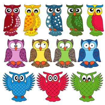 Set of eleven colourful vector owls isolated on white background