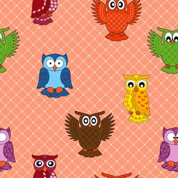 Colourful owl seamless pattern over seamless background, hand drawing cartoon vector illustration