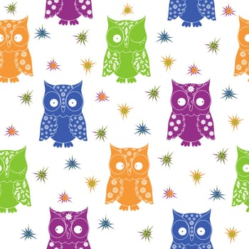 Colourful owl and stars seamless pattern with lace ornamental bodies and without contour lines, hand drawing cartoon vector illustration