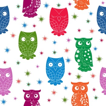 Multicolour owl and stars seamless pattern with lace ornamental bodies and without contour lines, hand drawing cartoon vector illustration