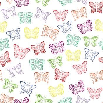 Editable vector seamless pattern with colorful butterflies over white background