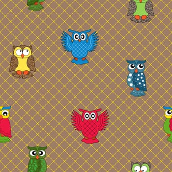 Multicolour owl seamless pattern over seamless background, hand drawing cartoon vector illustration
