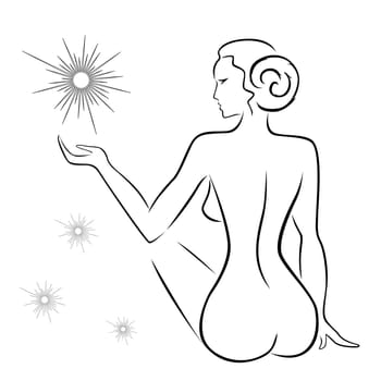 Abstract outline of a sexy woman sitting back with stars, black over white hand drawing sketching vector artwork