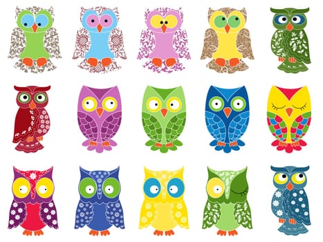Set of fifteen colourful vector owls with lace ornamental bodies and without contour lines, isolated on white background