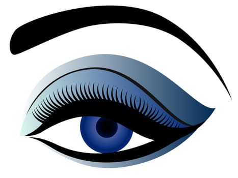 Eye with fluffy eyelid, hand drawing illustration in blue hues