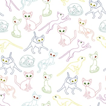 Seamless vector illustration with colorful cat contours over white background