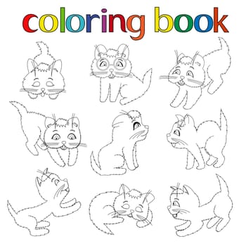 Set of nine playful kittens for coloring book, cartoon vector illustration